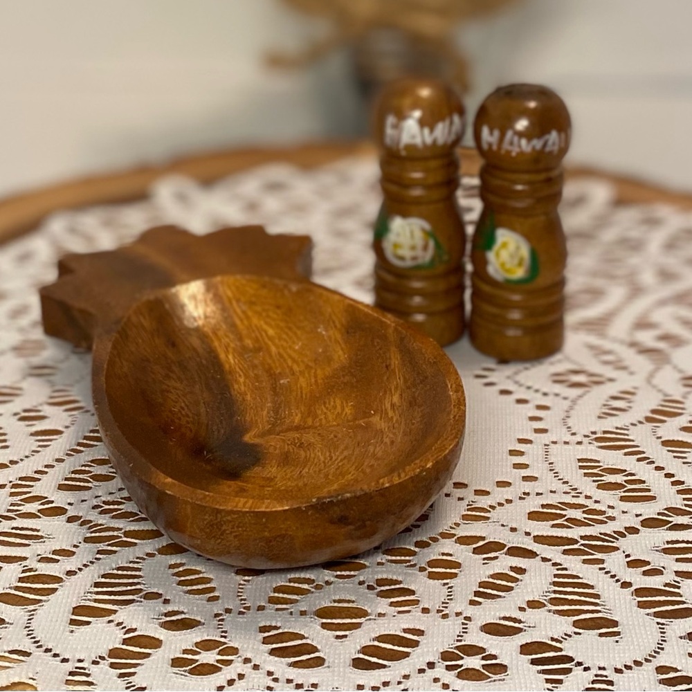 Mid Century Monkey Pod Lot - Pineapple Bowl and Hawaii Salt and Pepper Shakers